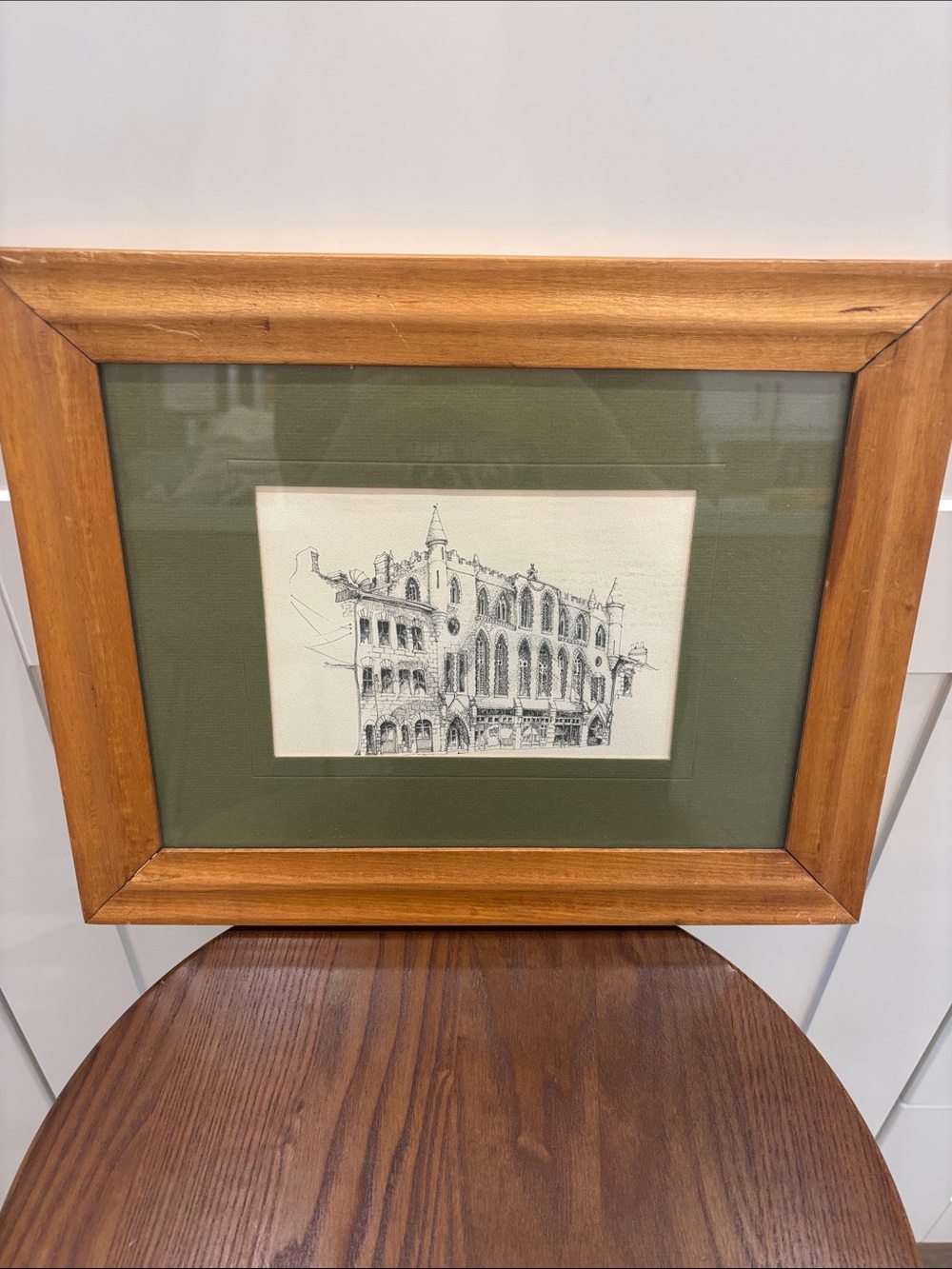 Framed Architectural Sketch Wall Art in Olive and Wood